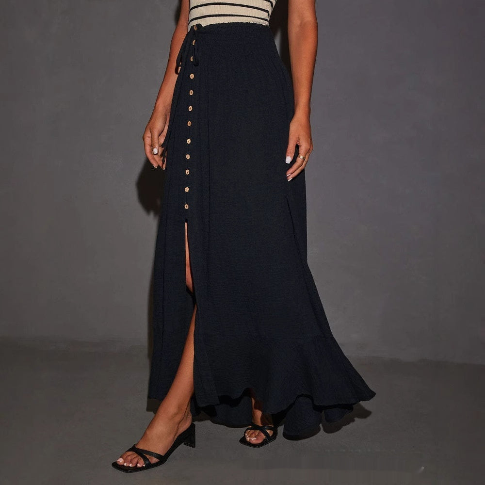 European And American Half-length Solid Color Lace-up Waist-slimming Long Dress